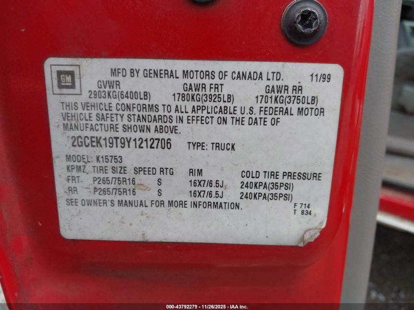 2000 Chevrolet Silverado 1500 Ls VIN: 2GCEK19T9Y1212706 Lot: 43792279