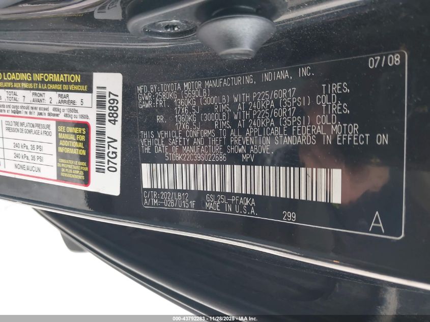 2009 Toyota Sienna Xle VIN: 5TDBK22C39S022686 Lot: 43792283