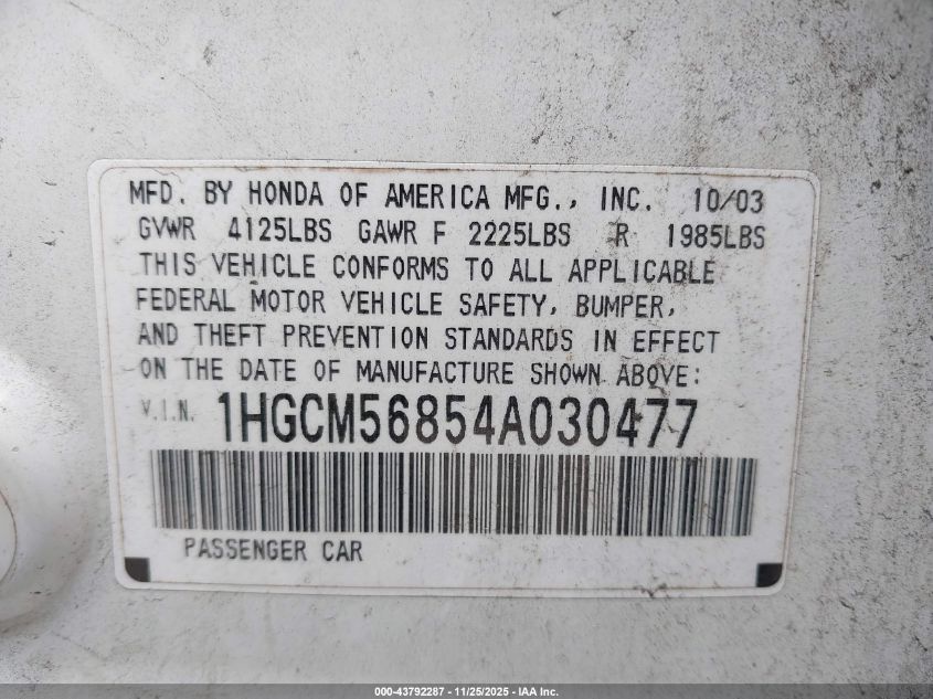 2004 Honda Accord 2.4 Ex VIN: 1HGCM56854A030477 Lot: 43792287