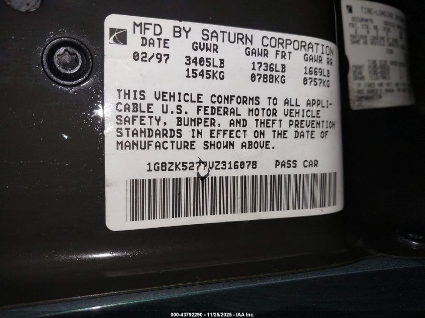 1997 Saturn Sl2 VIN: 1G8ZA5277V2316078 Lot: 43792290