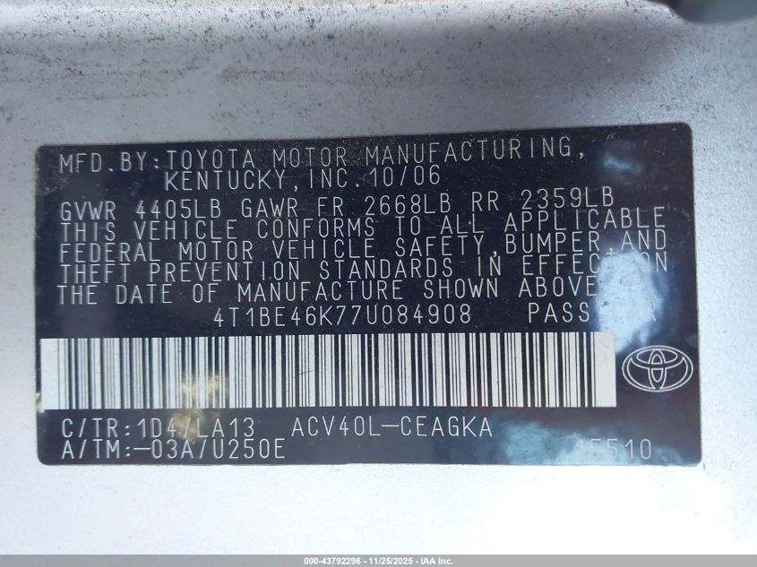 2007 Toyota Camry Xle VIN: 4T1BE46K77U084908 Lot: 43792296