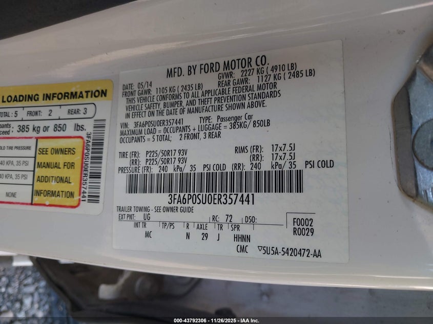 2014 Ford Fusion Energi Titanium VIN: 3FA6P0SU0ER357441 Lot: 43792306