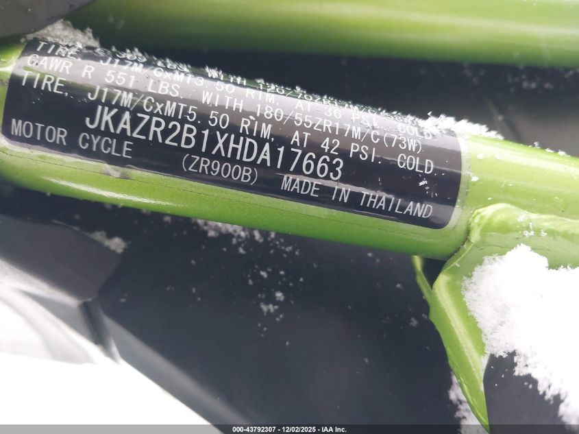 2017 Kawasaki Zr900 VIN: JKAZR2B1XHDA17663 Lot: 43792307