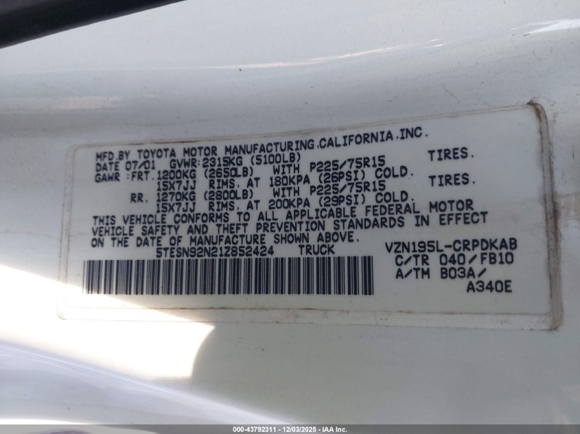 2001 Toyota Tacoma Prerunner V6 VIN: 5TESN92N21Z852424 Lot: 43792311