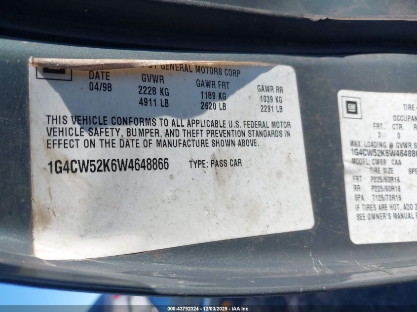 1998 Buick Park Avenue VIN: 1G4CW52K6W4648866 Lot: 43792324