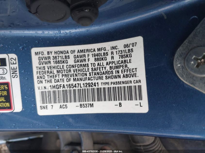 2007 Honda Civic Lx VIN: 1HGFA16547L129241 Lot: 43792330