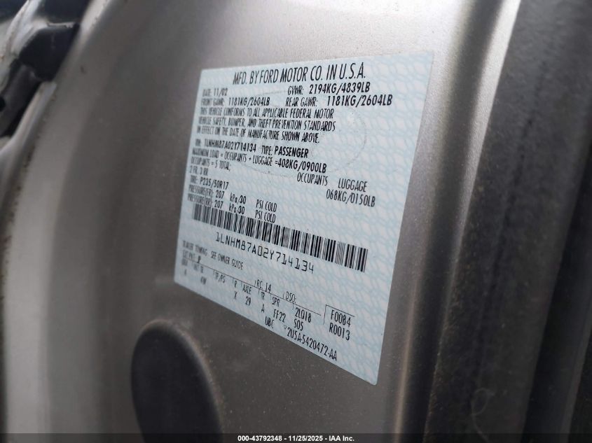 2002 Lincoln Ls V8 Auto VIN: 1LNHM87A02Y714134 Lot: 43792348