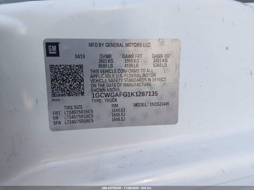 2019 Chevrolet Express 2500 Work Van VIN: 1GCWGAFG1K1287135 Lot: 43792349