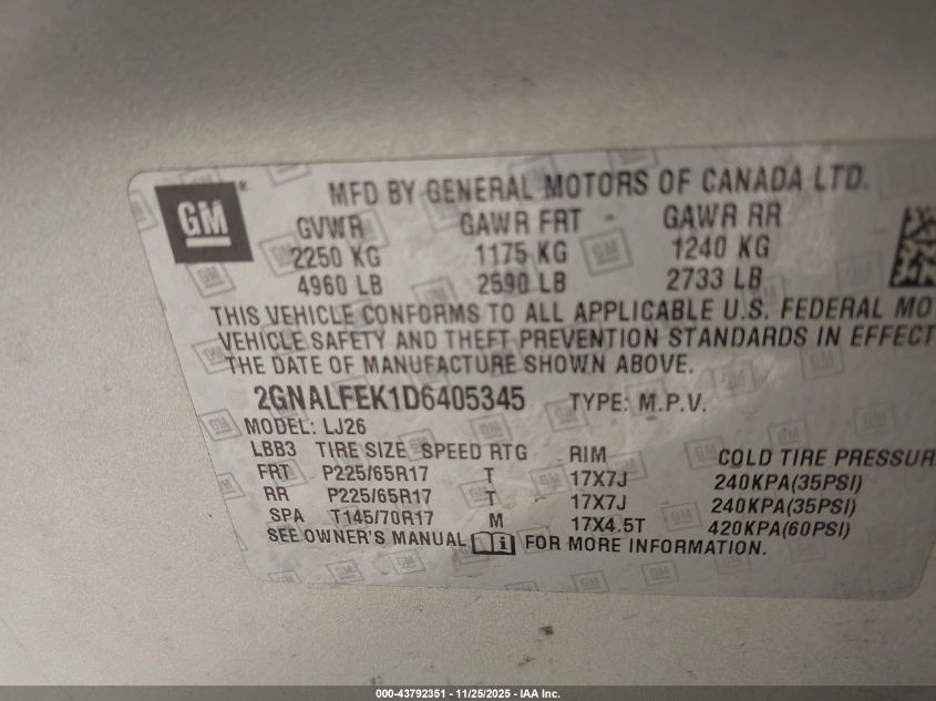 2013 Chevrolet Equinox Ltz VIN: 2GNALFEK1D6405345 Lot: 43792351