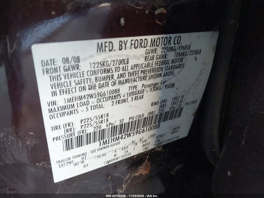 2009 Mercury Sable Premier VIN: 1MEHM42W59G610088 Lot: 43792356