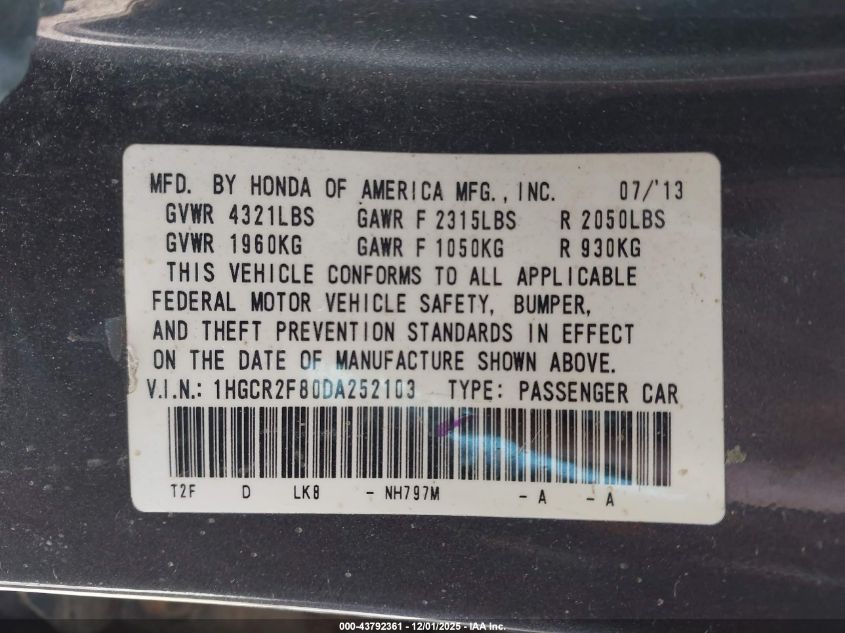 2013 Honda Accord Sdn Ex-L VIN: 1HGCR2F80DA252103 Lot: 43792361