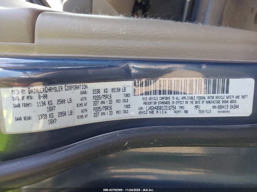 2001 Jeep Grand Cherokee Laredo VIN: 1J4GX48S81C516754 Lot: 43792369