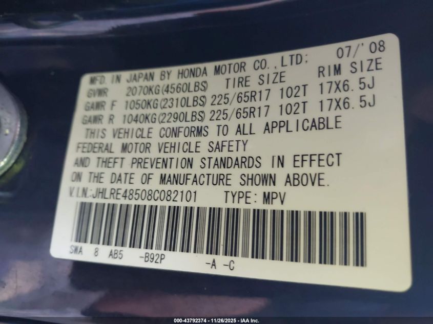 2008 Honda Cr-V Ex VIN: JHLRE48508C082101 Lot: 43792374
