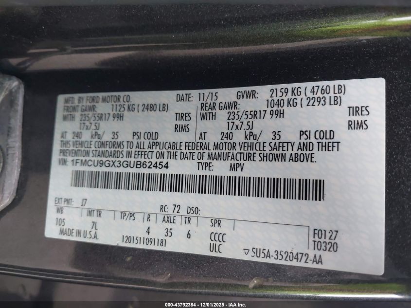 2016 Ford Escape Se VIN: 1FMCU9GX3GUB62454 Lot: 43792384