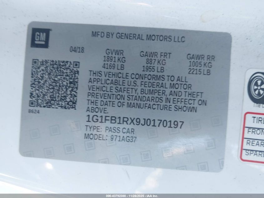 2018 Chevrolet Camaro 1Lt VIN: 1G1FB1RX9J0170197 Lot: 43792388