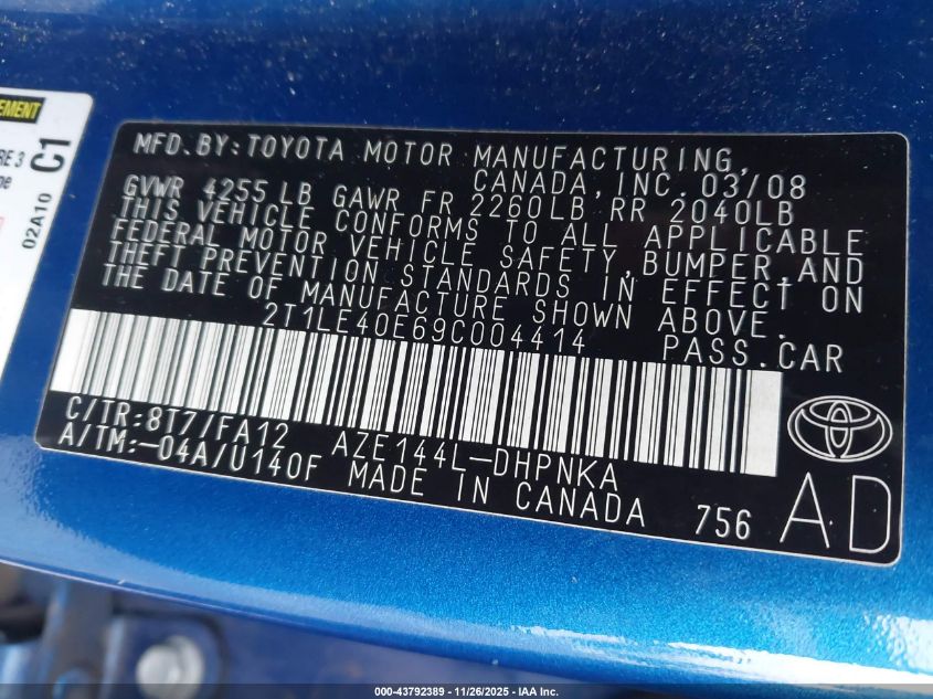 2009 Toyota Matrix S VIN: 2T1LE40E69C004414 Lot: 43792389