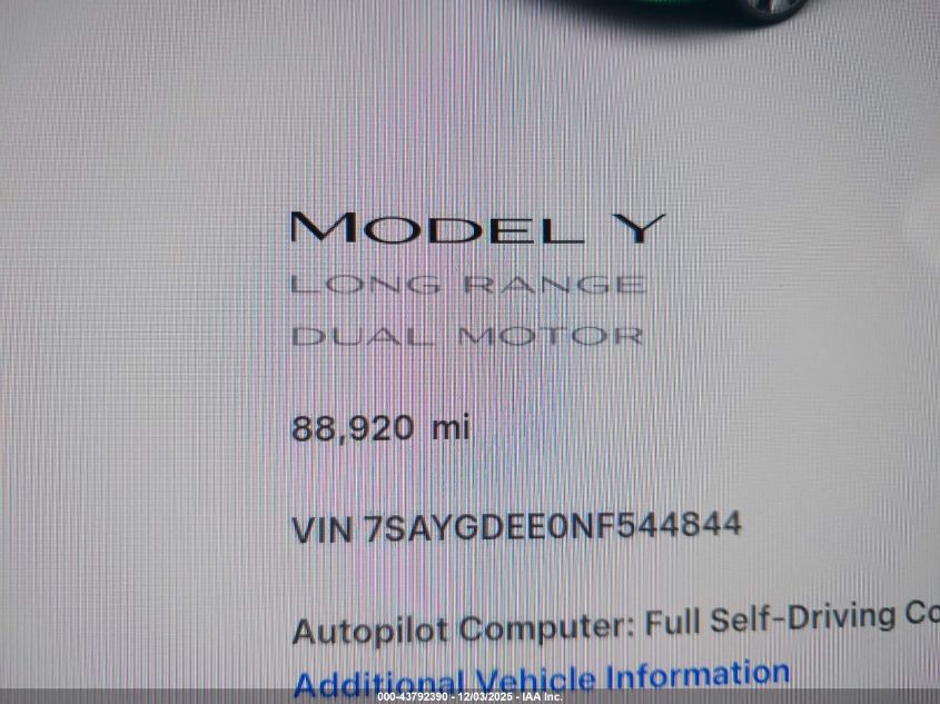 2022 Tesla Model Y Long Range Dual Motor All-Wheel Drive VIN: 7SAYGDEE0NF544844 Lot: 43792390