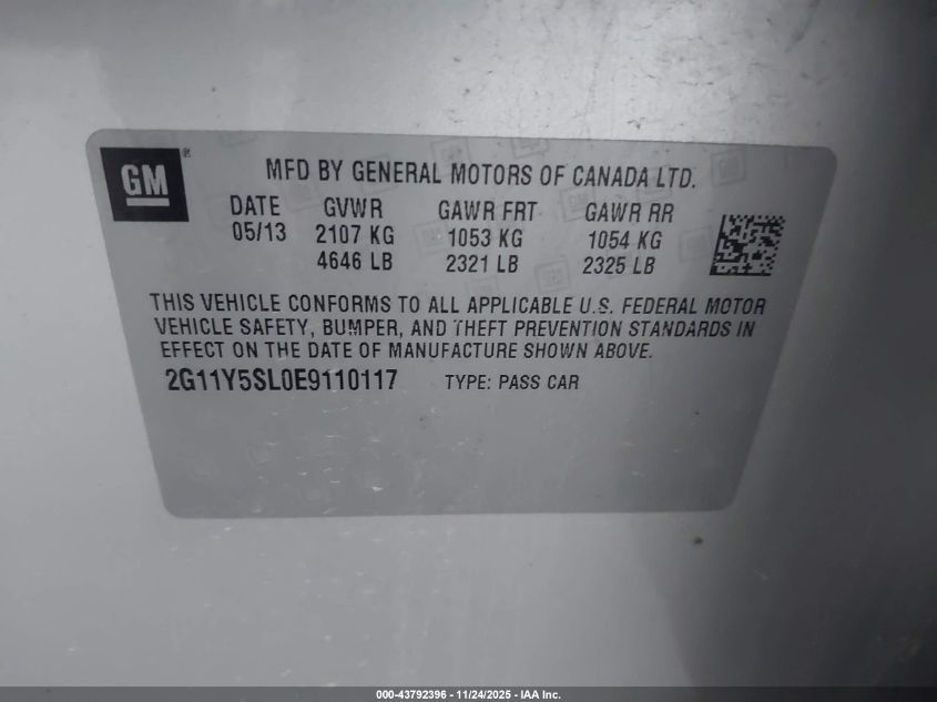 2014 Chevrolet Impala 1Ls VIN: 2G11Y5SL0E9110117 Lot: 43792396