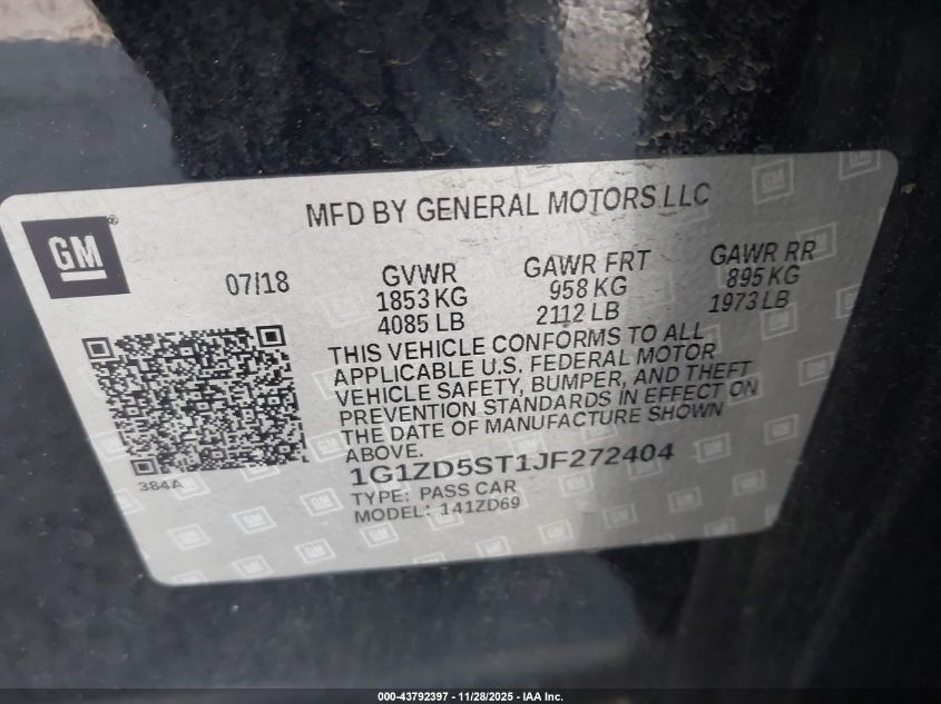 2018 Chevrolet Malibu Lt VIN: 1G1ZD5ST1JF272404 Lot: 43792397