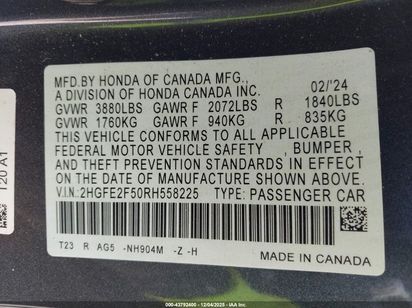 2024 Honda Civic Sport VIN: 2HGFE2F50RH558225 Lot: 43792400