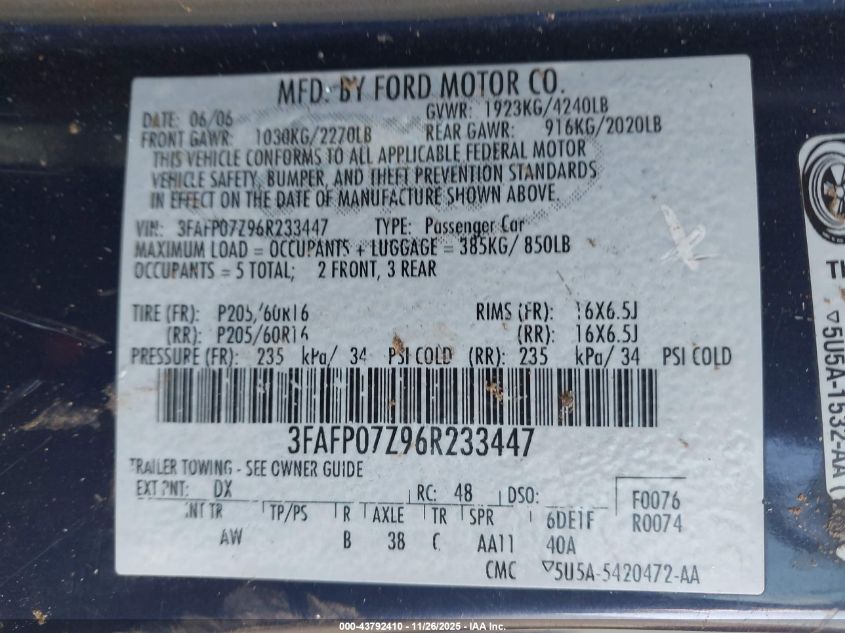 2006 Ford Fusion Se VIN: 3FAFP07Z96R233447 Lot: 43792410