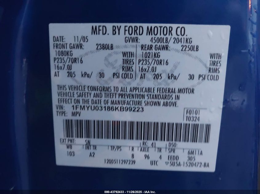 2006 Ford Escape Xlt/Xlt Sport VIN: 1FMYU03186KB99223 Lot: 43792433