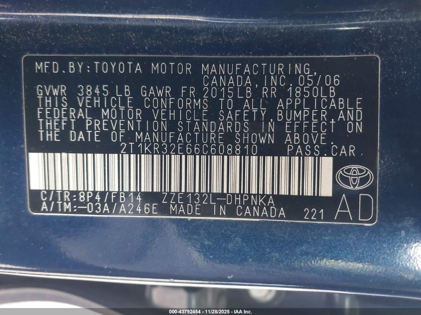 2006 Toyota Matrix Xr VIN: 2T1KR32E66C608810 Lot: 43792454