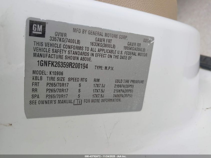 2009 Chevrolet Suburban 1500 Lt2 VIN: 1GNFK26359R200194 Lot: 43792472