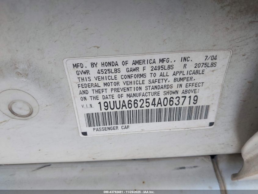 2004 Acura Tl VIN: 19UUA66254A063719 Lot: 43792481