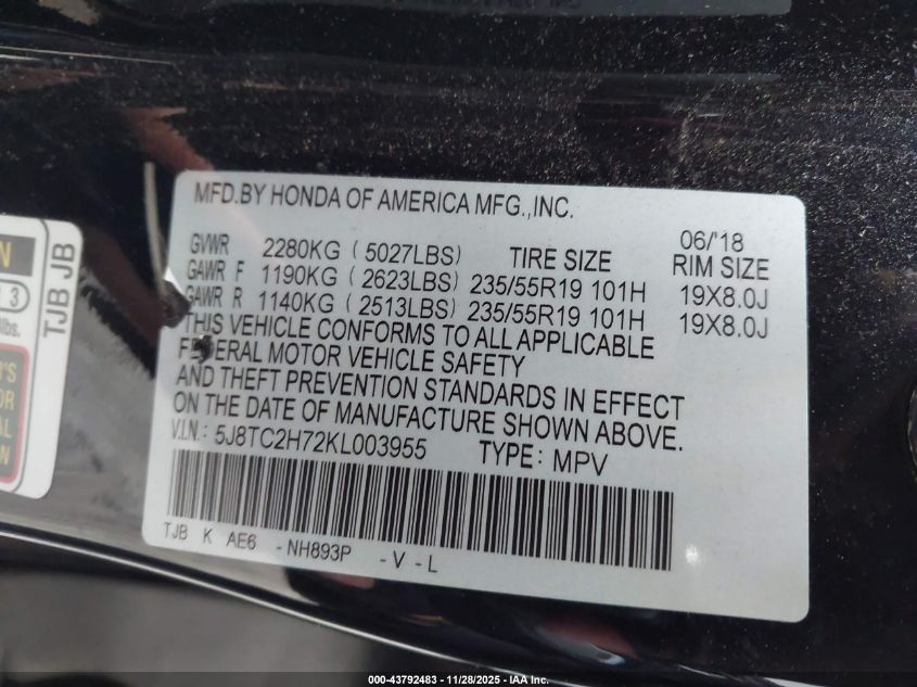 2019 Acura Rdx Advance Package VIN: 5J8TC2H72KL003955 Lot: 43792483