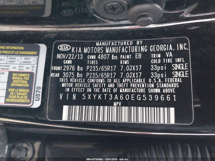 2014 Kia Sorento Lx VIN: 5XYKT3A60EG539661 Lot: 43792486