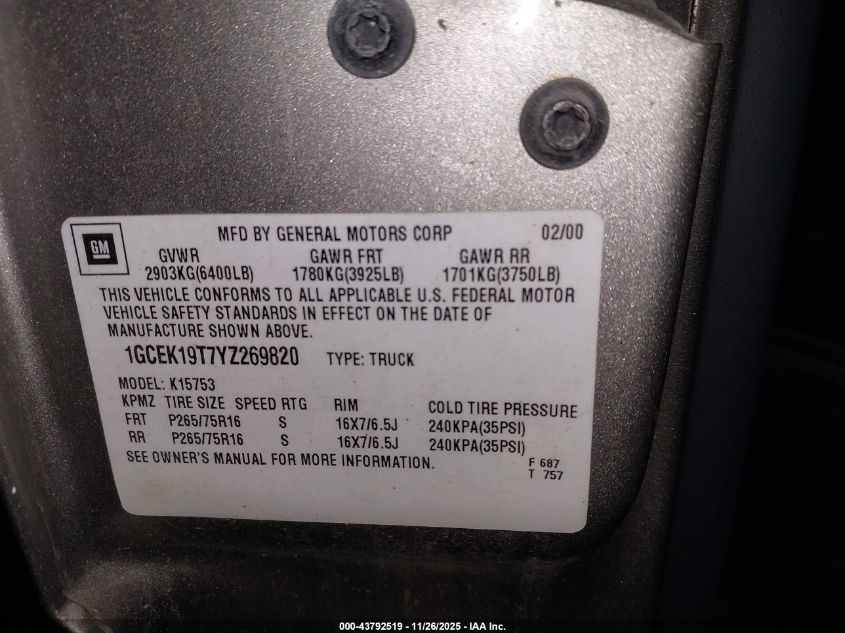 2000 Chevrolet Silverado 1500 Ls VIN: 1GCEK19T7YZ269820 Lot: 43792519