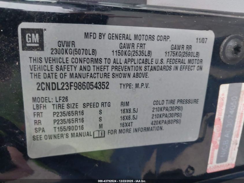 2008 Chevrolet Equinox Ls VIN: 2CNDL23F986054352 Lot: 43792524