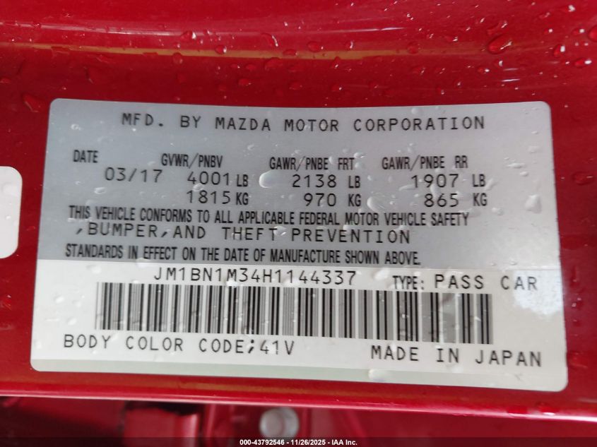 2017 Mazda Mazda3 Grand Touring VIN: JM1BN1M34H1144337 Lot: 43792546