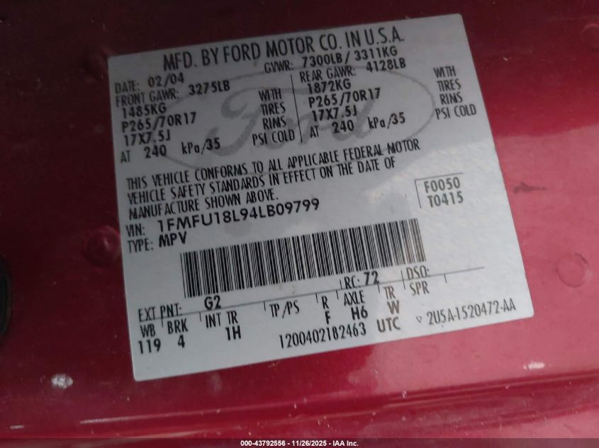 2004 Ford Expedition Eddie Bauer VIN: 1FMFU18L94LB09799 Lot: 43792556