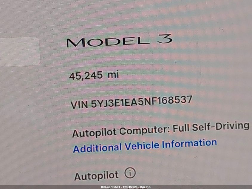 2022 Tesla Model 3 Rear-Wheel Drive VIN: 5YJ3E1EA5NF168537 Lot: 43792561