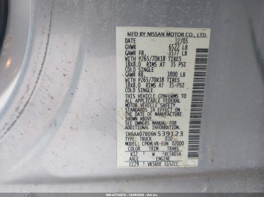2006 Nissan Titan Le VIN: 1N6AA07B06N539123 Lot: 43792575