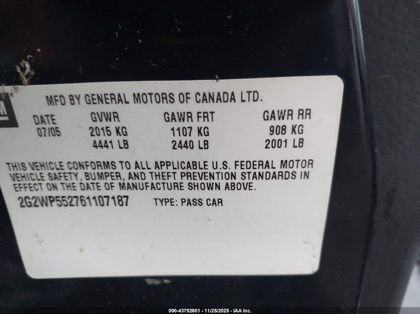 2006 Pontiac Grand Prix VIN: 2G2WP552761107187 Lot: 43792601