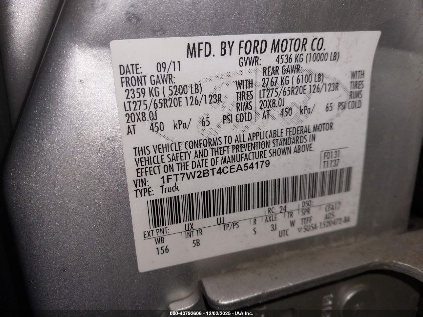 2012 Ford F-250 Lariat VIN: 1FT7W2BT4CEA54179 Lot: 43792606