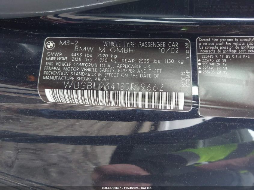 2003 BMW M3 VIN: WBSBL93413JR19662 Lot: 43792607