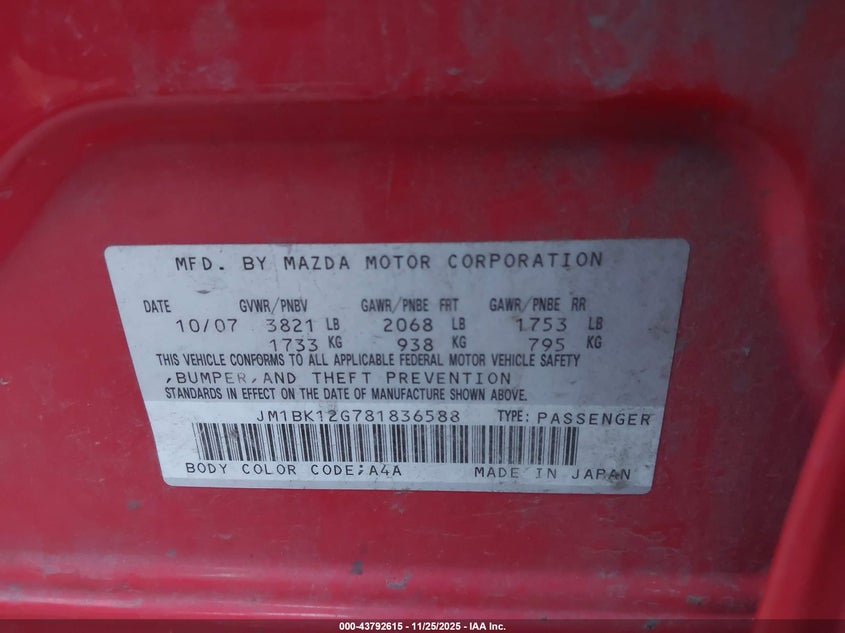 2008 Mazda Mazda3 I VIN: JM1BK12G781836588 Lot: 43792615