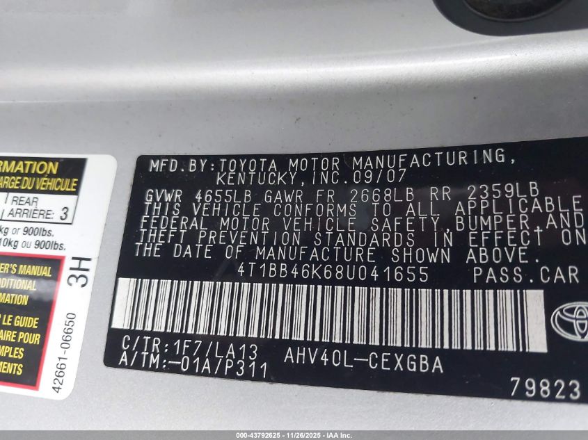 2008 Toyota Camry Hybrid VIN: 4T1BB46K68U041655 Lot: 43792625