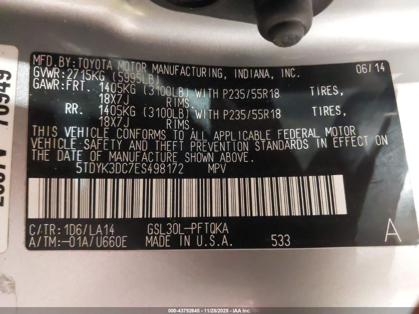 2014 Toyota Sienna Limited V6 7 Passenger VIN: 5TDYK3DC7ES498172 Lot: 43792645