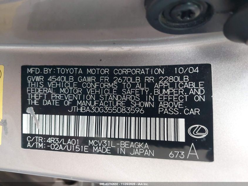 2005 Lexus Es 330 VIN: JTHBA30G355083596 Lot: 43792650