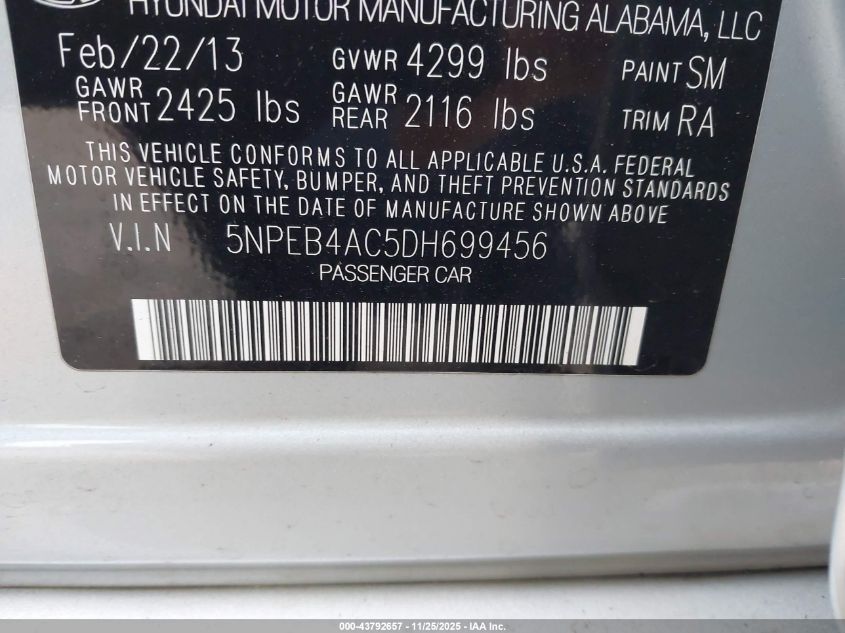 2013 Hyundai Sonata Gls VIN: 5NPEB4AC5DH699456 Lot: 43792657