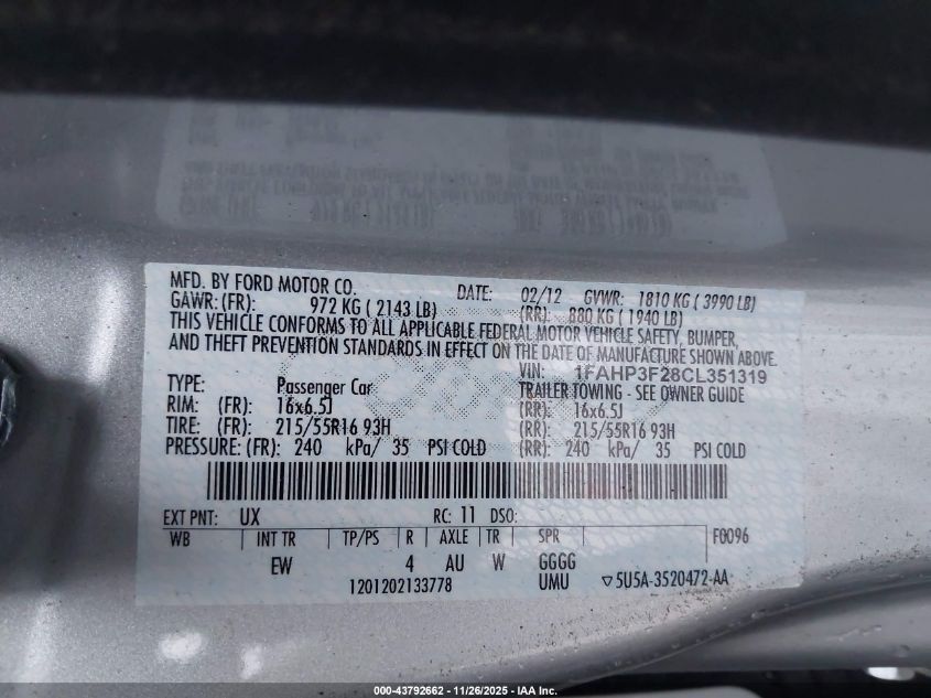 2012 Ford Focus Se VIN: 1FAHP3F28CL351319 Lot: 43792662