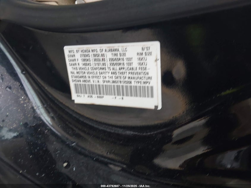 2007 Honda Odyssey Ex-L VIN: 5FNRL38627B125358 Lot: 43792687