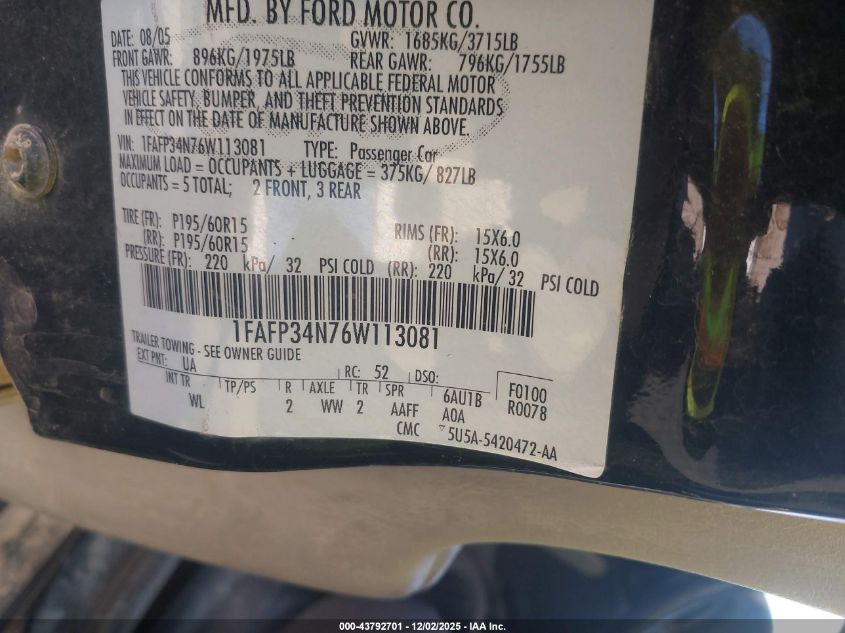 2006 Ford Focus Zx4 VIN: 1FAFP34N76W113081 Lot: 43792701