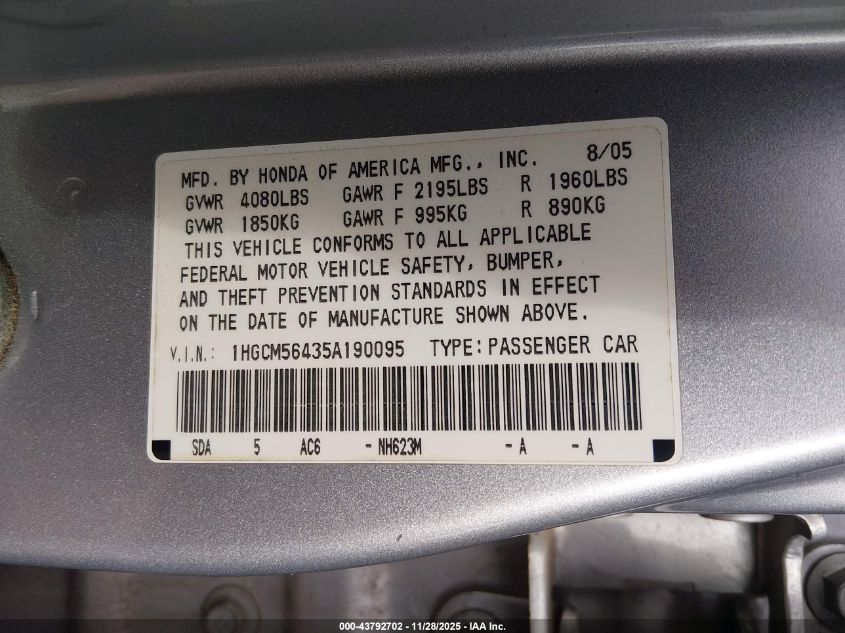 2005 Honda Accord 2.4 Lx VIN: 1HGCM56435A190095 Lot: 43792702