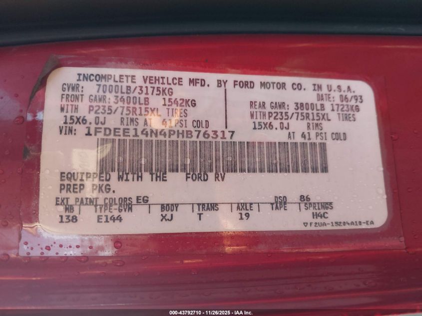 1993 Ford Econoline E150 Van VIN: 1FDEE14N4PHB76317 Lot: 43792710